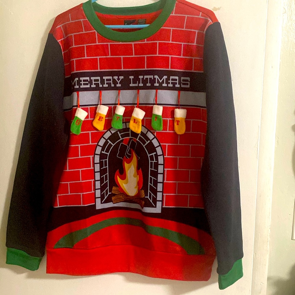 MAD Engine Merry Litmas Ugly Christmas Sweater Size XL Black Red Holiday Party